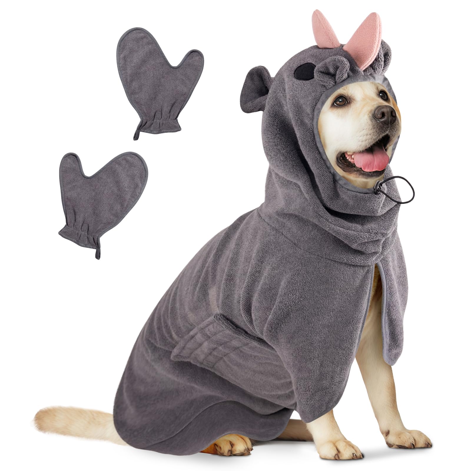 Microfiber Dog Bathrobe, Bibykivn Super Absorbent Adjustable Pet Towel Soft Hooded Bath Coat for Drying Dog After Bath (Grey Pink, L)
