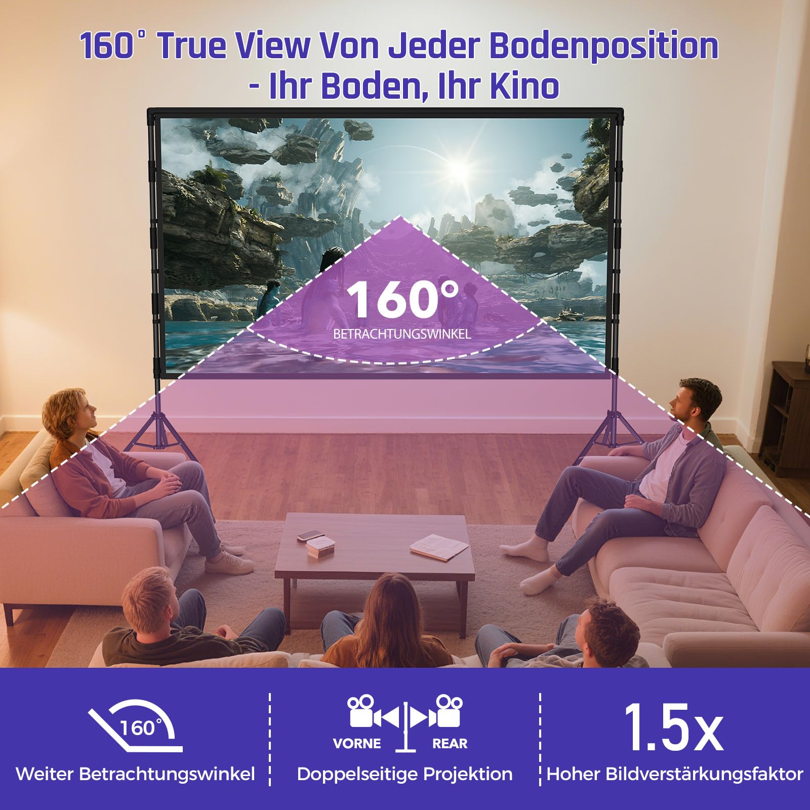 Schermo proiettore con treppiede da 100 pollici per esterni – LEORFI Schermo proiettore portatile con borsa, leggero, proiezione interna frontale/posteriore - Schermo cinematografico 16:9 4K HD con