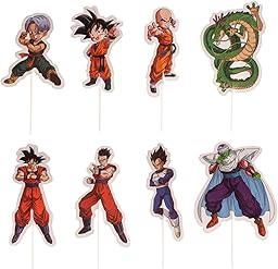 Cake Toppers Dragon Ball 16 Unidades – Decoración cupcakes y tartas, papel apto para contacto alimentario, 8 diseños con Goku, Vegeta, Piccolo, Krilin, Trunks y Shenron