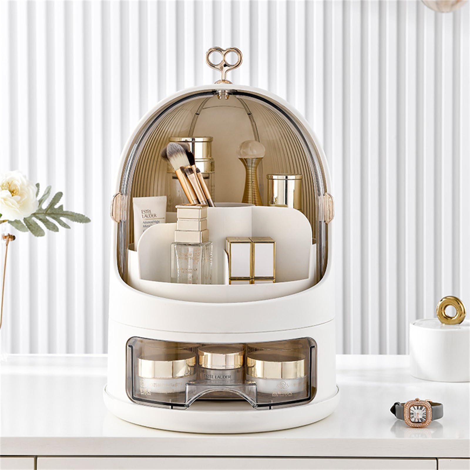 Organisateur de maquillage portable pour les soins de la peau, boîte à cosmétiques, organisateur de tiroir de maquillage avec couvercle anti-poussière (blanc perle)