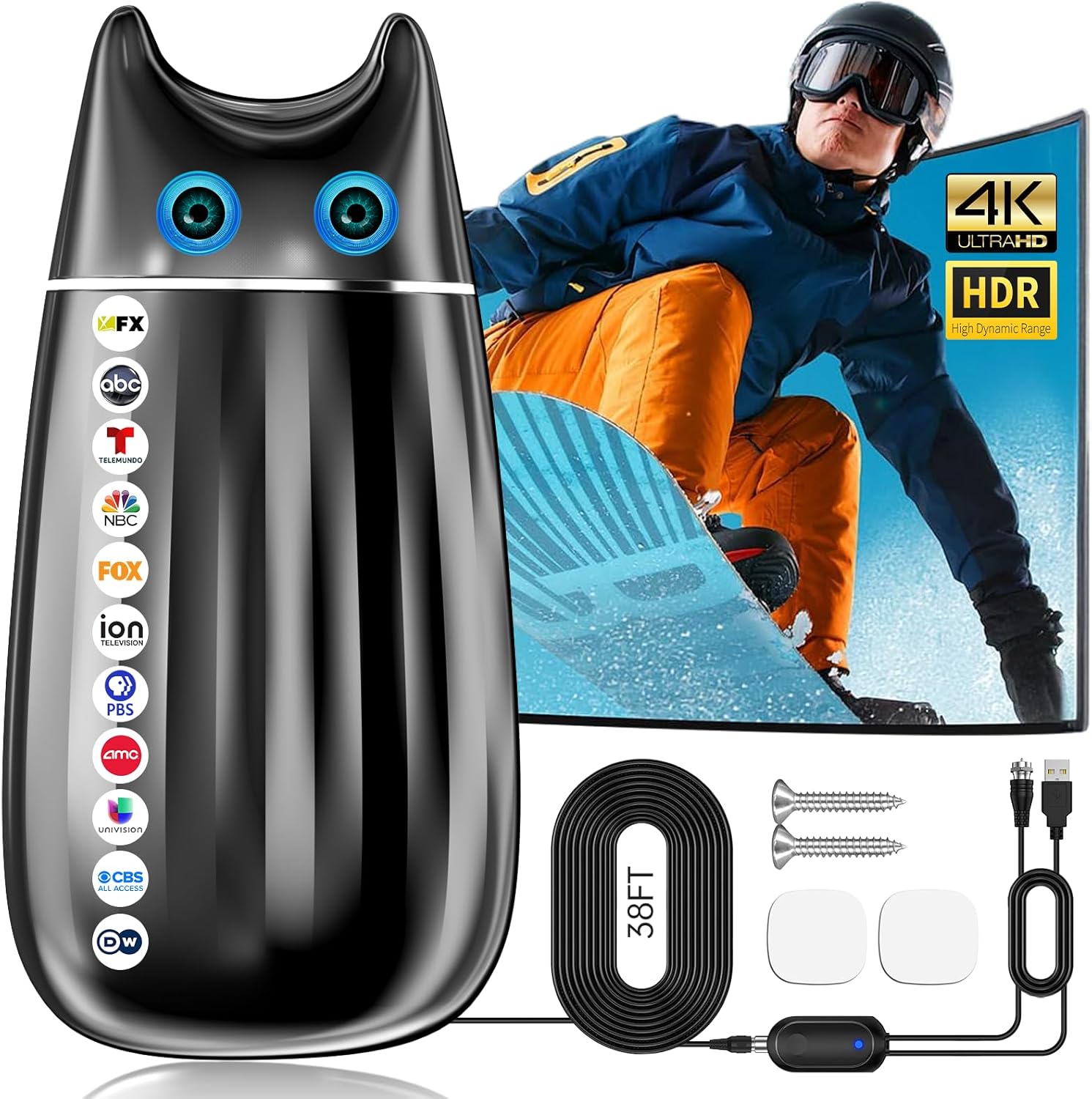 2800+ Miles Strongest TV Antenna, 2025 Digital Antenna for Smart TV Indoor, Long Range 360° Reception Local Channels HDTV Antennas with Amplifier, Support 4K 8K 1080P for Smart/Old TVs-38FT Coax Cable Black