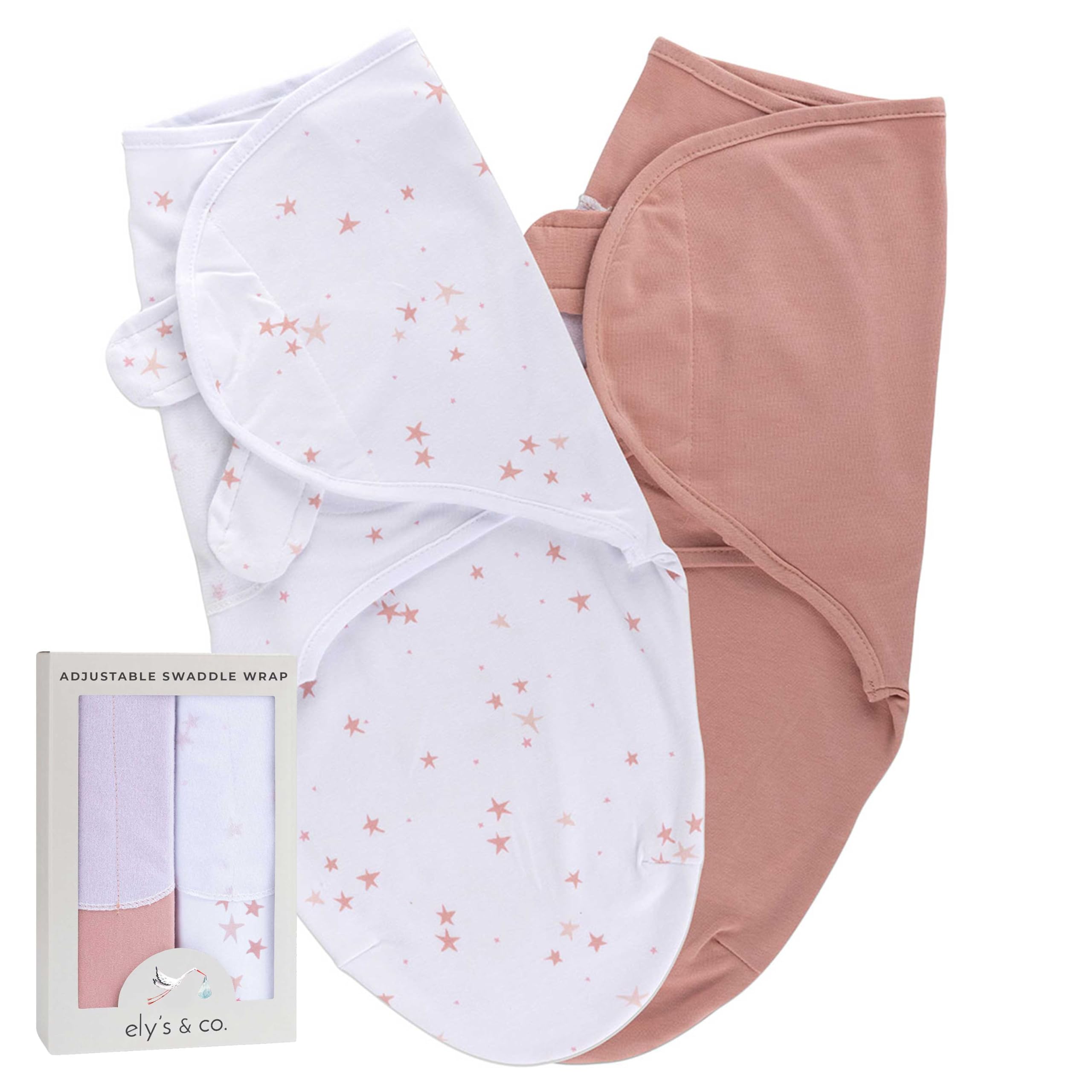 Adjustable Swaddle Blanket Infant Baby Wrap 2 Pack (Mauve Pink Stars & Solid Dusty Rose 0-3 Months)