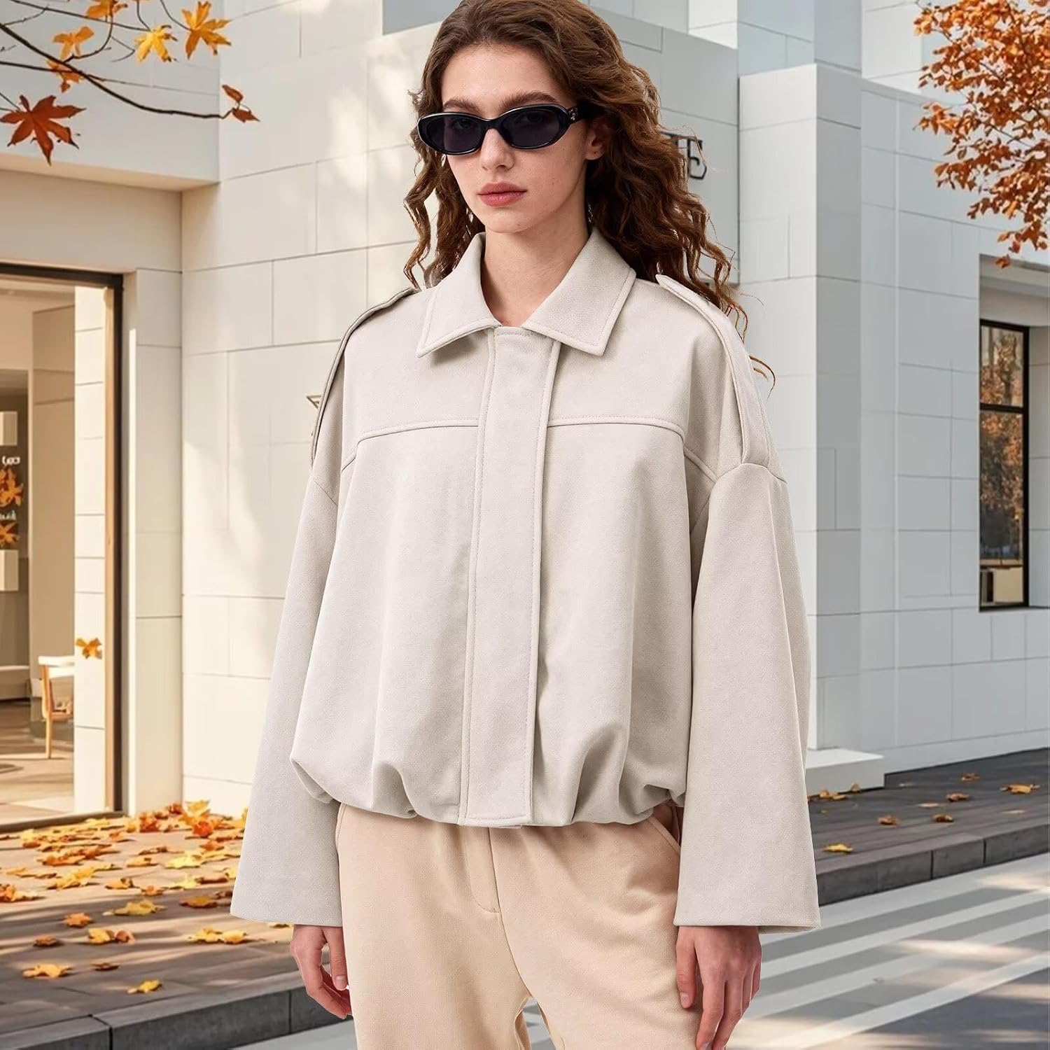 jeecoin Womens Faux Suede Bomber Jacket Oversized Batwing Long Sleeve Zip Up Casual Motorcycle Streetwear Outerwear
