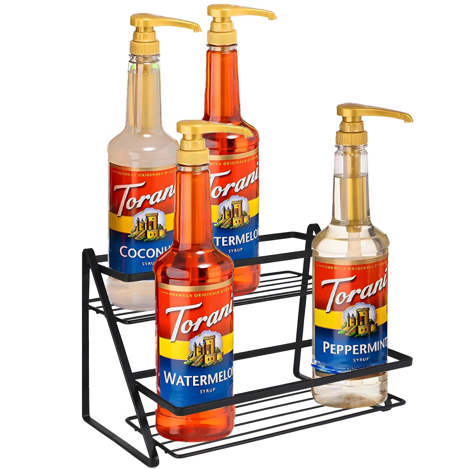 2-Tier Coffee Syrup Rack Organizer 6 Bottle Capacity,Sturdy Metal Storage Shelf for Coffee Bar,Multi-Use Kitchen Wine Rack for Syrups, Dressings, Condiments