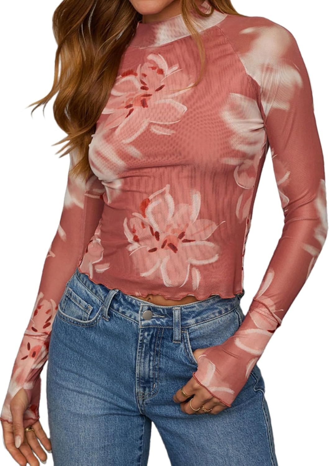 Dressmine Long Sleeve Mesh Tops for Women Mock Neck Floral Blouse Layering Sexy Fitted Going Out Top