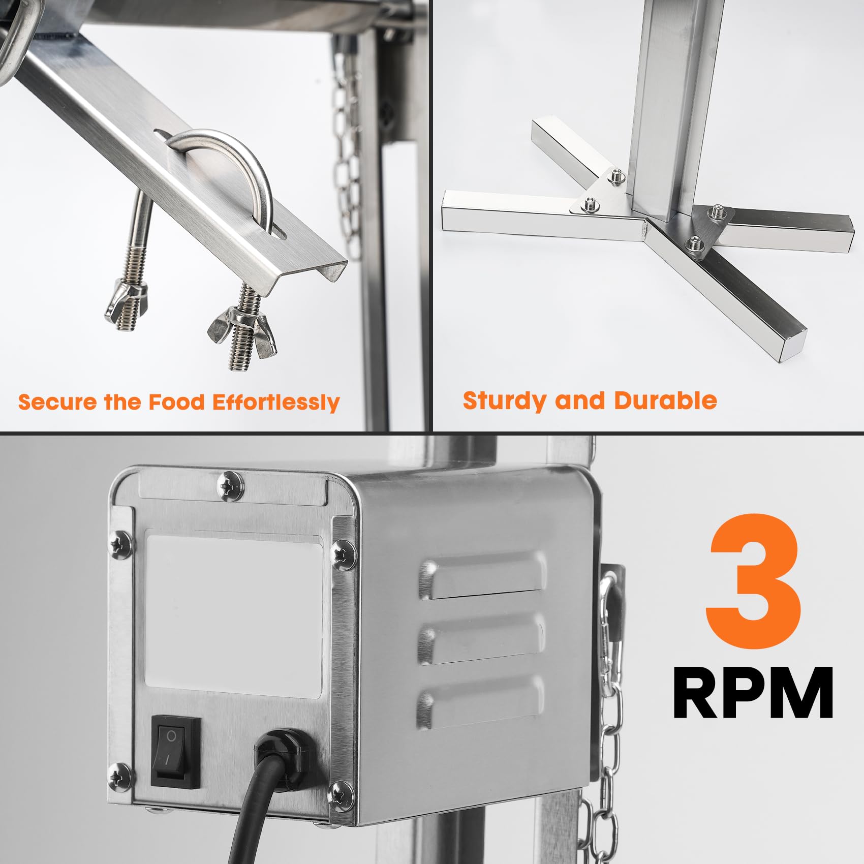 Spanferkelgrill mit Motor 60kg Belastbarkeit, Elektrischer Grillspieß Edelstahl mit 5-Stufig Höhenverstellbar, Spießbratengrill für Lamm, Schwein & Outdoor BBQ Gartenparty