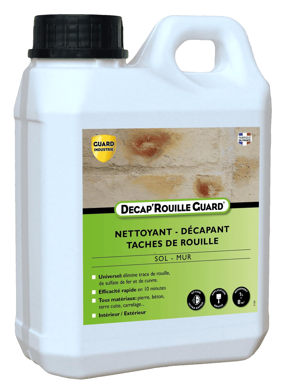 Guard Industrie - Decap'Rouille Guard - 1L traite 8m2 - Décapant Rouille Express –Agit en 10 Minutes– Pierre, Carrelage, Tomette, Béton – Elimine Sulfate de Fer, Cuivre-Sol Mur
