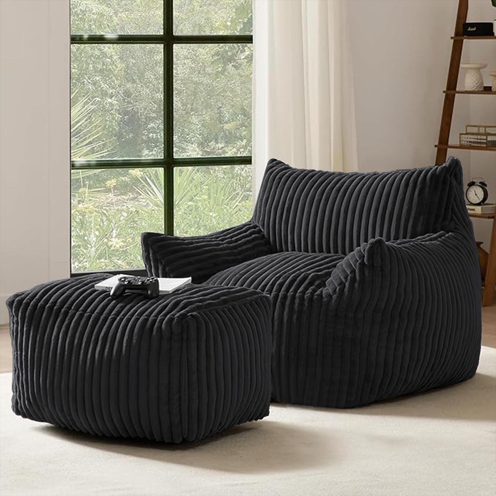 Sitzsack XXL für Erwachsene mit Ottoman - Ergonomischer Relax Liegesessel mit 5-Zonen-Stütze, Corduroy Bezug, High-Rebound Füllung Schwamm, platzsparend für Wohnzimmer (Schwarz)
