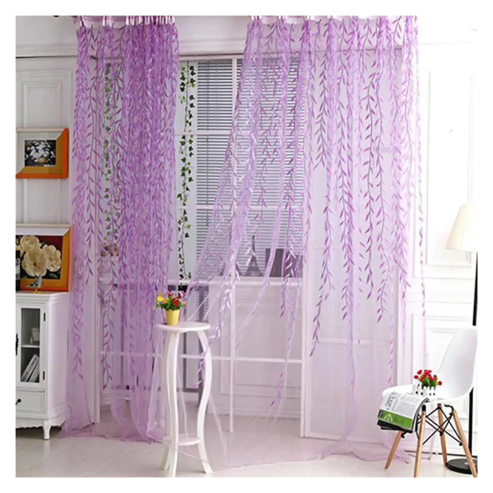 Cgrsdsd Purple Voile Curtains Pastoral Green Willow Sheer Curtains Window Yarn For Living Room Tulle Fabrics Kitchen Gauze Simple Curtain Panel(,100Cm X 200Cm)