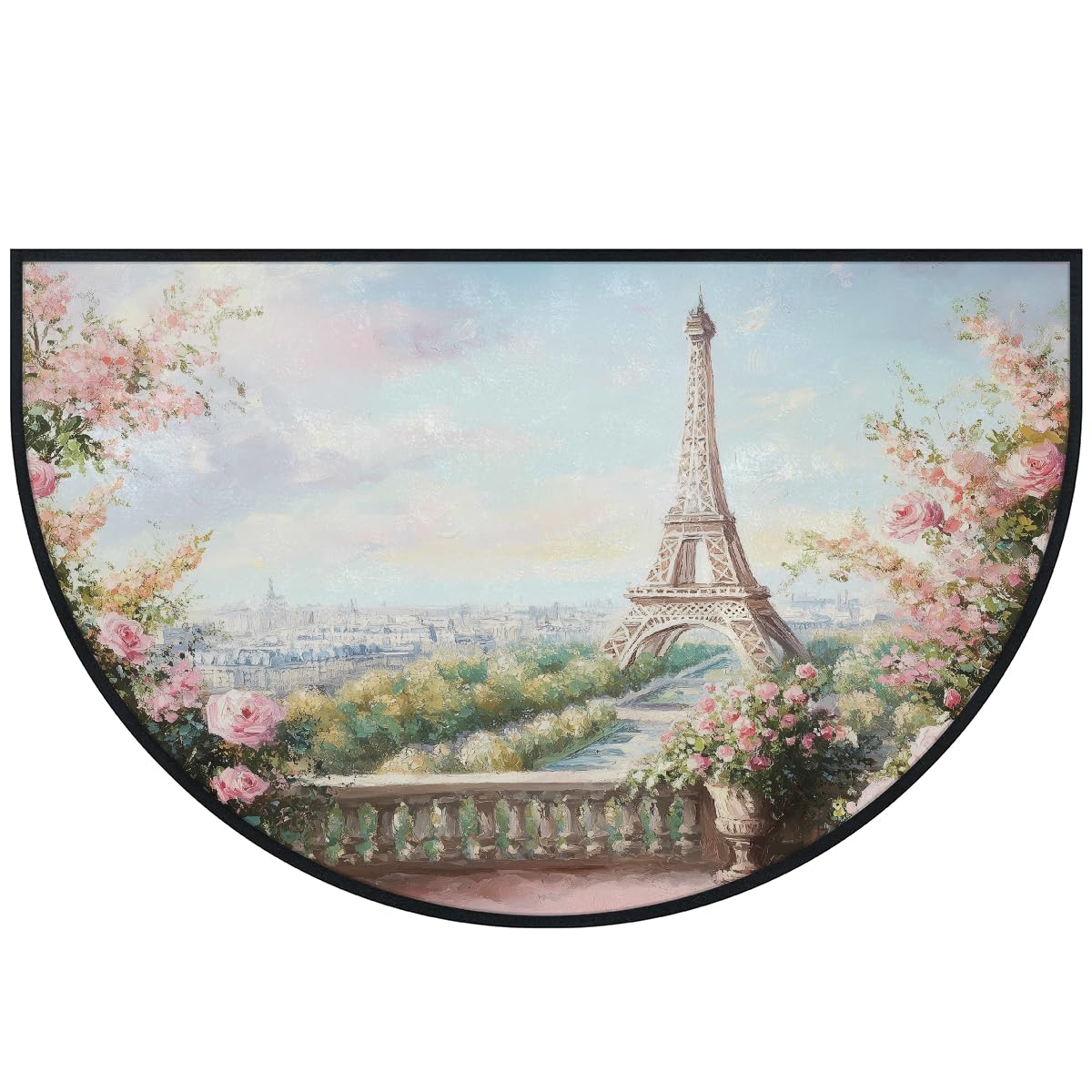 Mexpekil Paillasson demi-lune pour intérieur et extérieur - Motif paysage parisien - Antidérapant - Lavable - Absorbant la saleté - Demi-rond - 100 x 160 cm