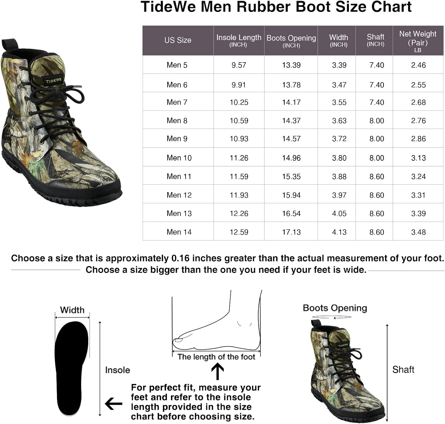 TIDEWE Rubber Boots for Men Lace Up with 5.5 mm Neoprene, Waterproof Rain Boots with Steel Shank, Insulated Mid Calf Hunting Boots, Anti-slip Rubber Work Boots for Lawn Farming Gardening (Black & Next Camo G2, Size 5-14)