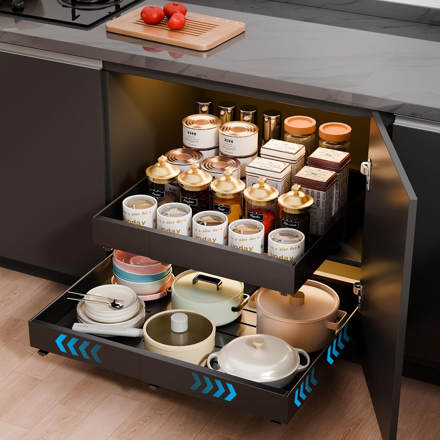 Expandable Pull Out Cabinet Organizer Adhesive?12.5"-20.6" W?21" D? No Drill Adjustable Cabinet Drawers,Slide Out Cabinet Organizer for Home Kitchen,Pantry,Black 1PC 1PC Expandable 12.5in - 20.6in (Deep21in) Black