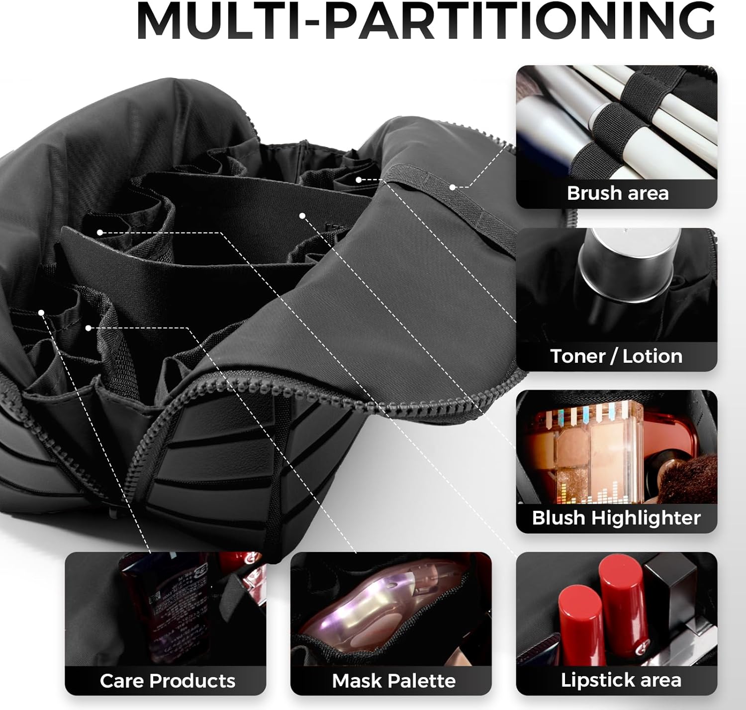 Travel Makeup Organizer Bag with Fold-Down Design and Adjustable Dividers, 27 Pockets & 3 Brush Storage Holders, Large Capacity Cosmetic Bags Toiletry Case- Black