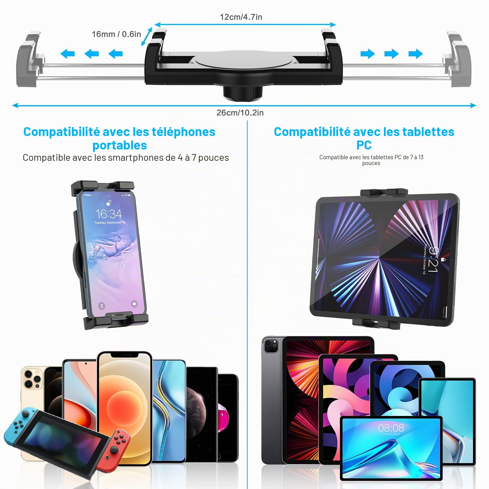 Support Tablette pour Guidon Vélo Poussette Fauteuil Roulant Moto | Bras en Col de Cygne Métal - Support Tablette Bateau Tapis de Course pour iPad Mini Air Pro, Galaxy, Kindle, Téléphone, 4-13"