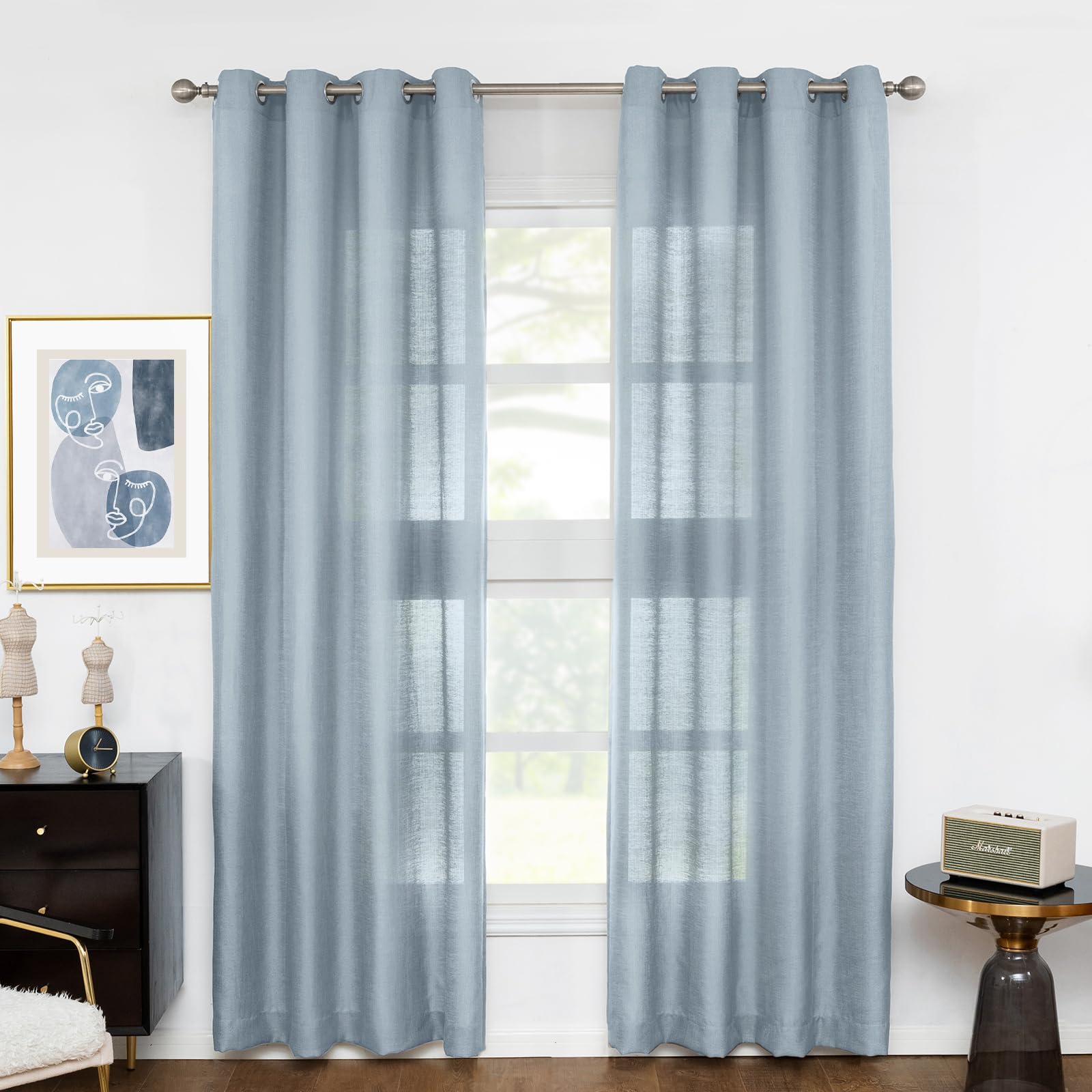Melodieux Dusty Blue Semi Sheer Curtains 63 Inch Length for Living Room, Linen Rustic Bedroom Privacy Window Grommet Sheer Drapes, 52 by 63 Inch, 2