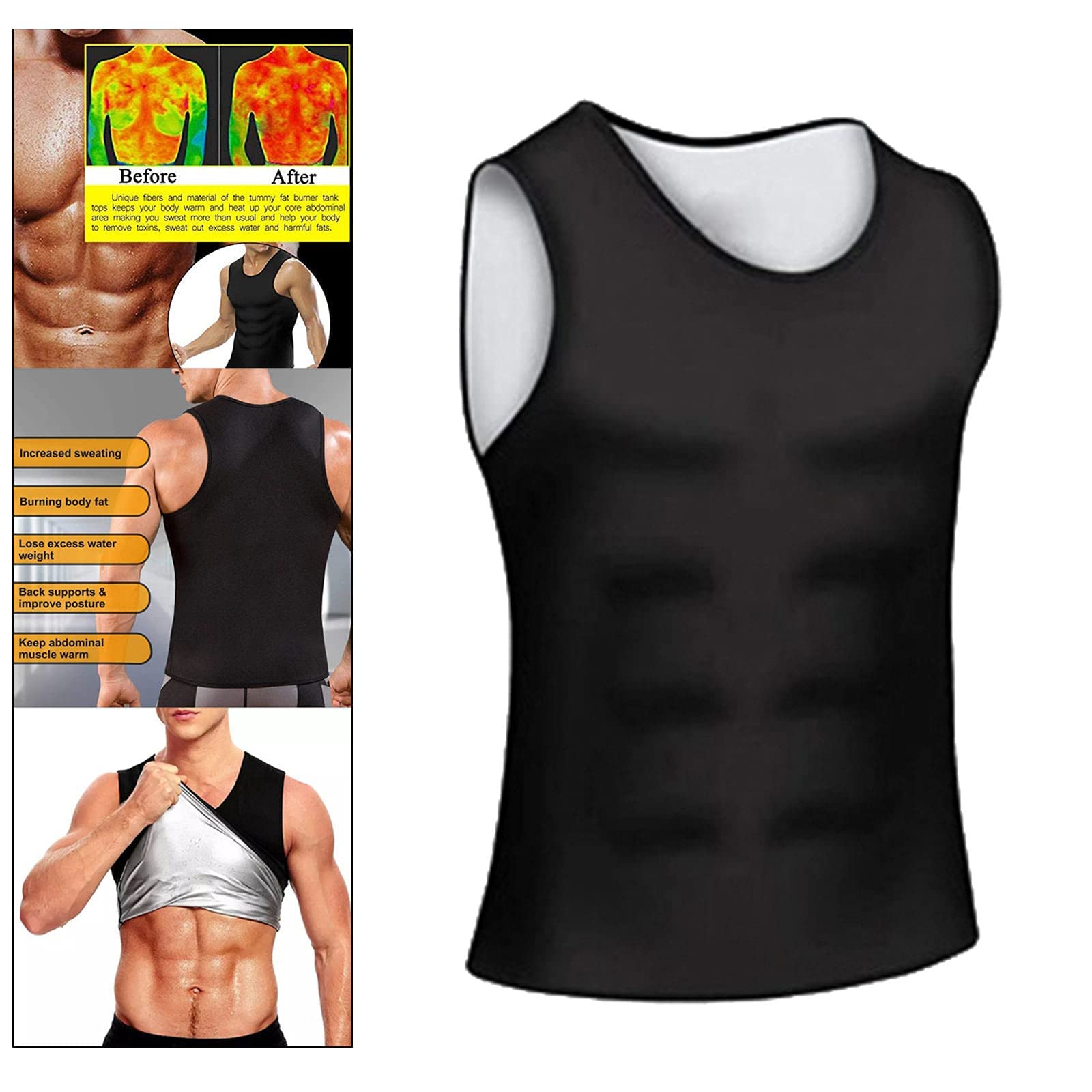 zalati Tank top dla mężczyzn, kamizelka treningowa, wodoodporna, do sauny, tank top, koszulka treningowa, kombinezon na brzuch, neoprenowy strój modelujący, rozmiar XXL, czarny, jeden rozmiar