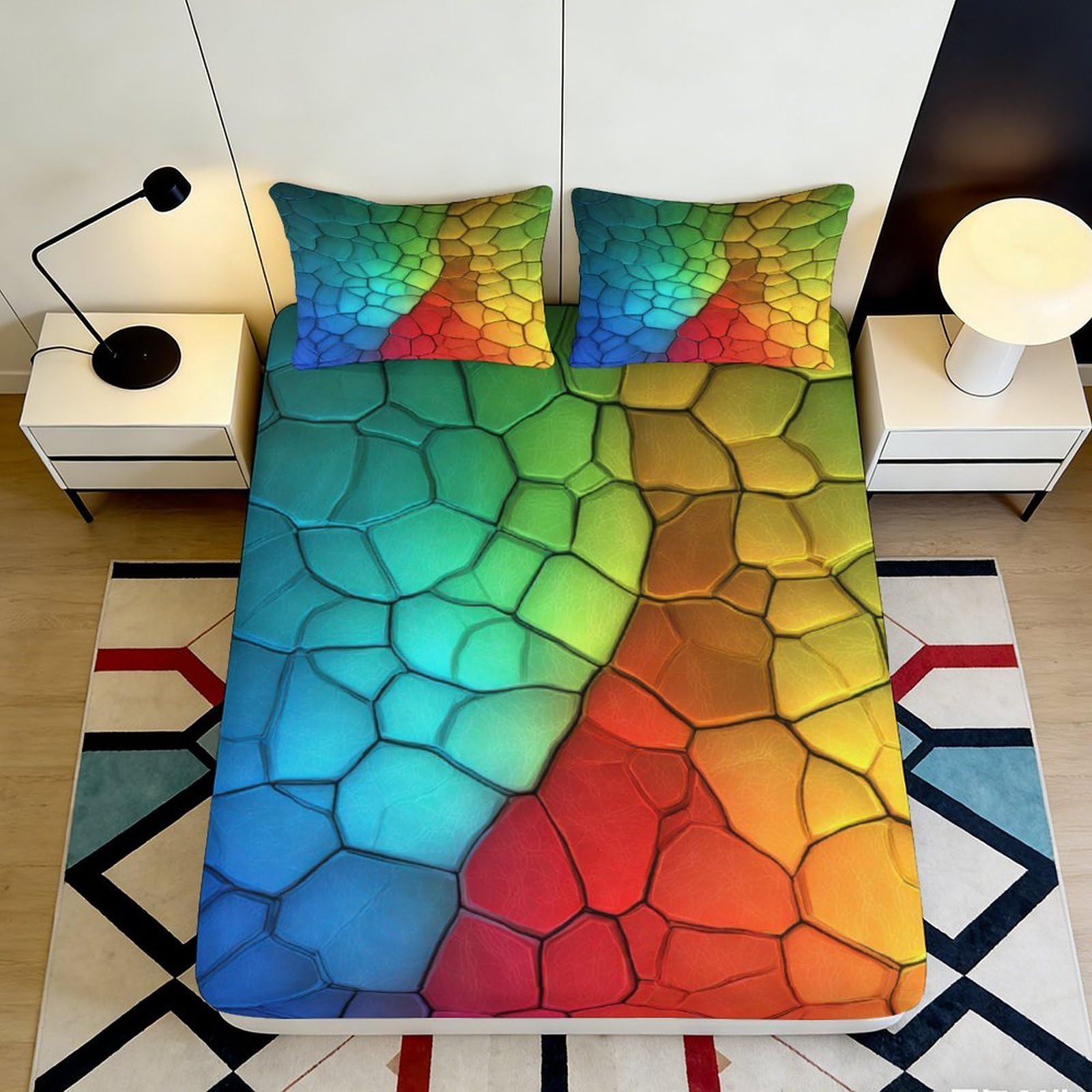 3D Printed Rainbow Mosaic Fitted Sheet Microfiber Colorful Stone Pattern Mattress Cover for Bedroom Dorm Décor 90x200x25cm