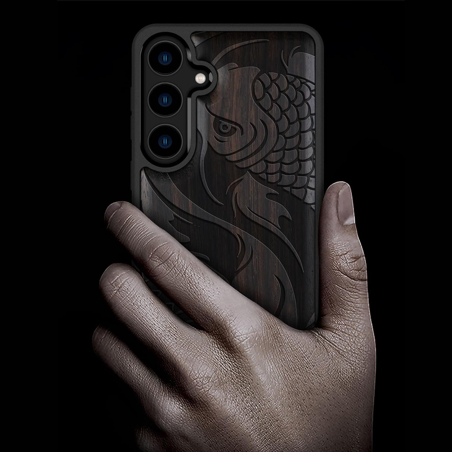 Carveit Wood Case for Galaxy S24 Plus Case [Natural Wood & Black Soft TPU] Shockproof Protective Cover Unique Wooden Design Compatible with S24 Plus (Yin Yang Koi Fish Symbol-Blackwood)