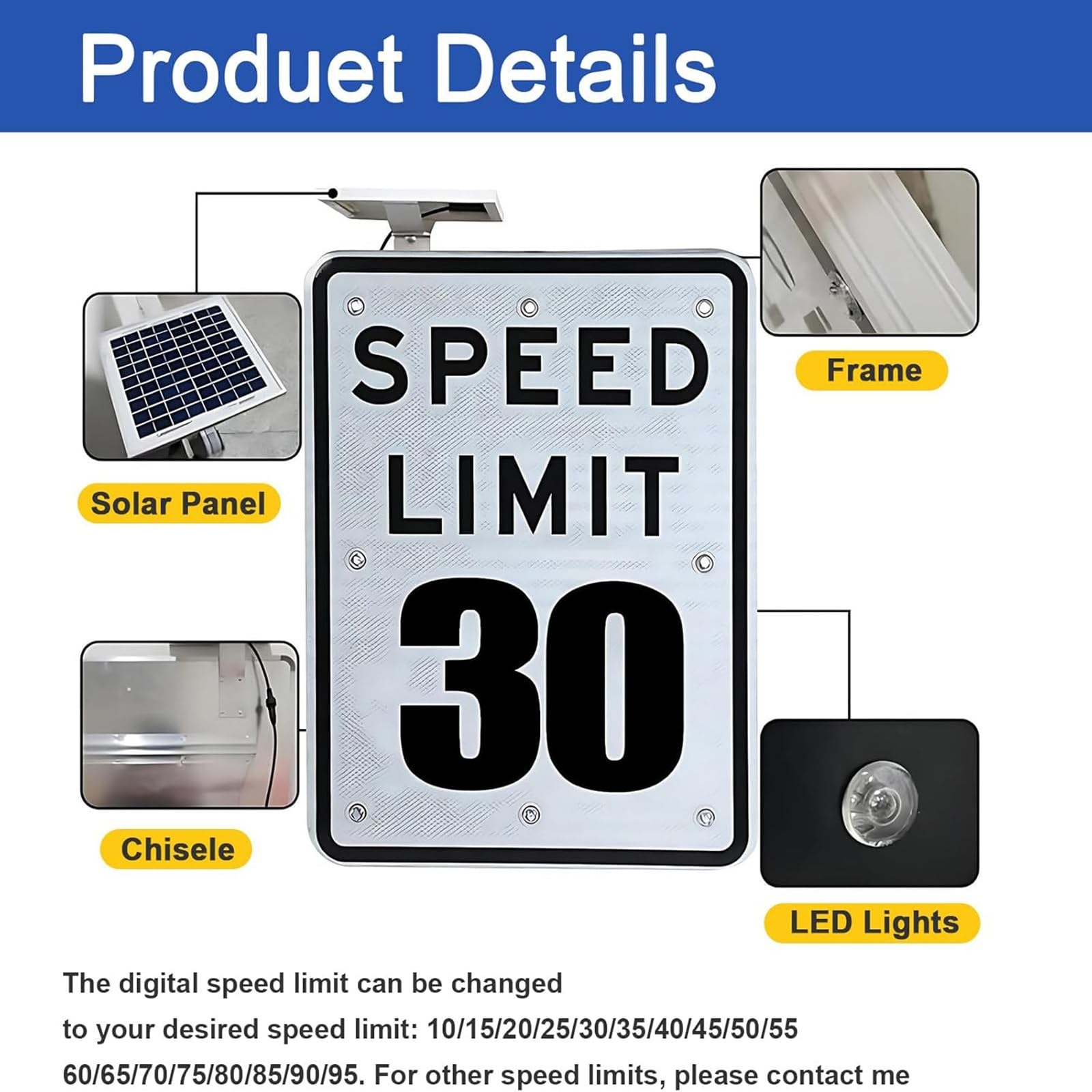 Señal LED de límite de velocidad intermitente con energía solar, señal de advertencia de tráfico de alta visibilidad, impermeable IP65 para uso en carretera y exteriores