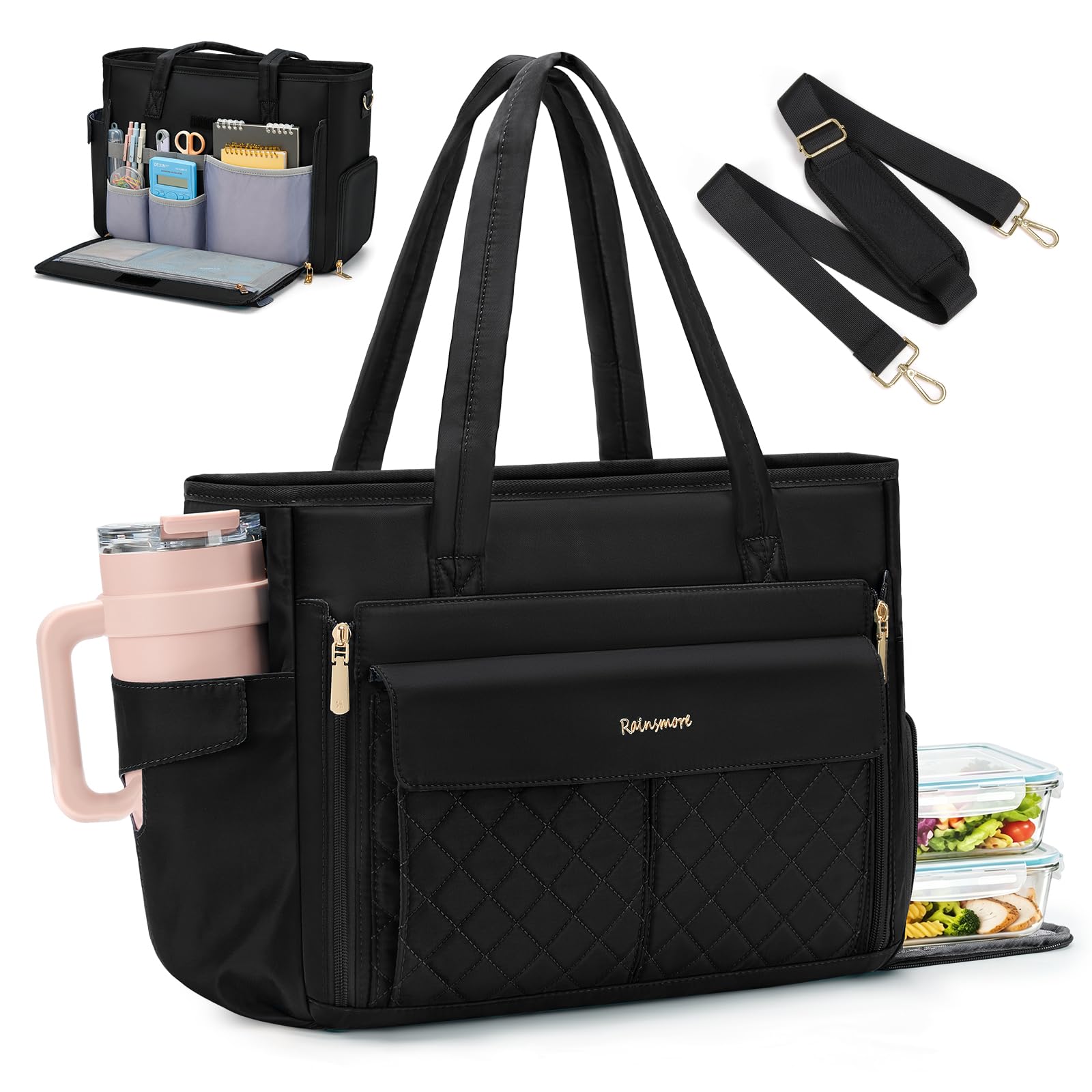 RAINSMORE Borsa da Lavoro Donna con Scomparto Termico per Pranzo | Borsa Porta PC 15,6 Pollici Grande Capacità, Borsa Insegnante Impermeabile per Ufficio, Scuola, Università e Viaggio