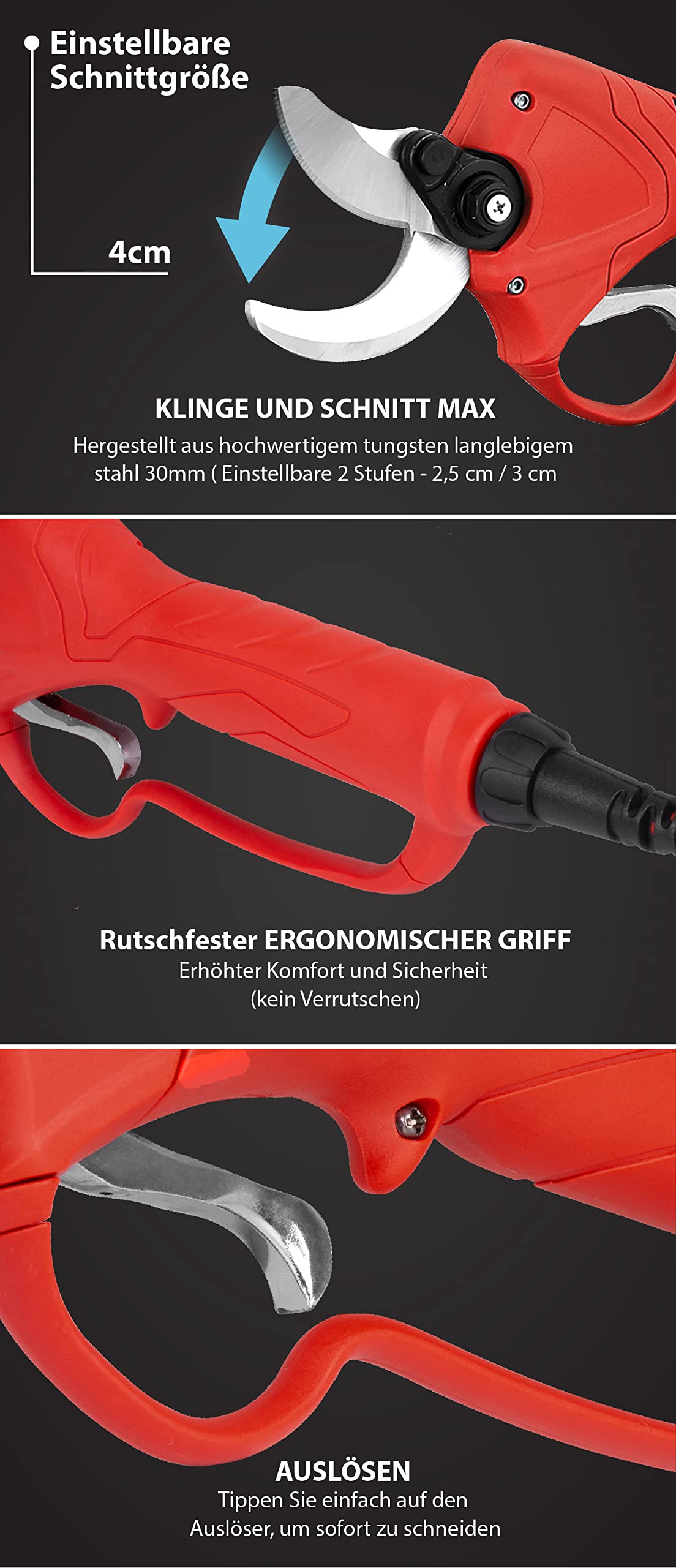 STREND PRO Elektrische gartenschere max 40mm Schnitte | Professional | 10 Stunden Batterie-Leben | Akku Gartenschere mit Koffer | 36V Li-Ion Batterie | Akku Astschere für Weinbergen/Gärten