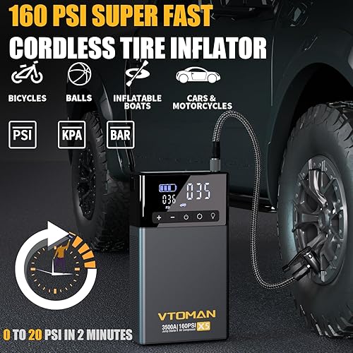 Miniatura 3 de VTOMAN Arrancador de salto X5 con compresor de aire, 3500 A portátil de batería de coche (hasta 9L de gasolina8L motores diésel) con inflador