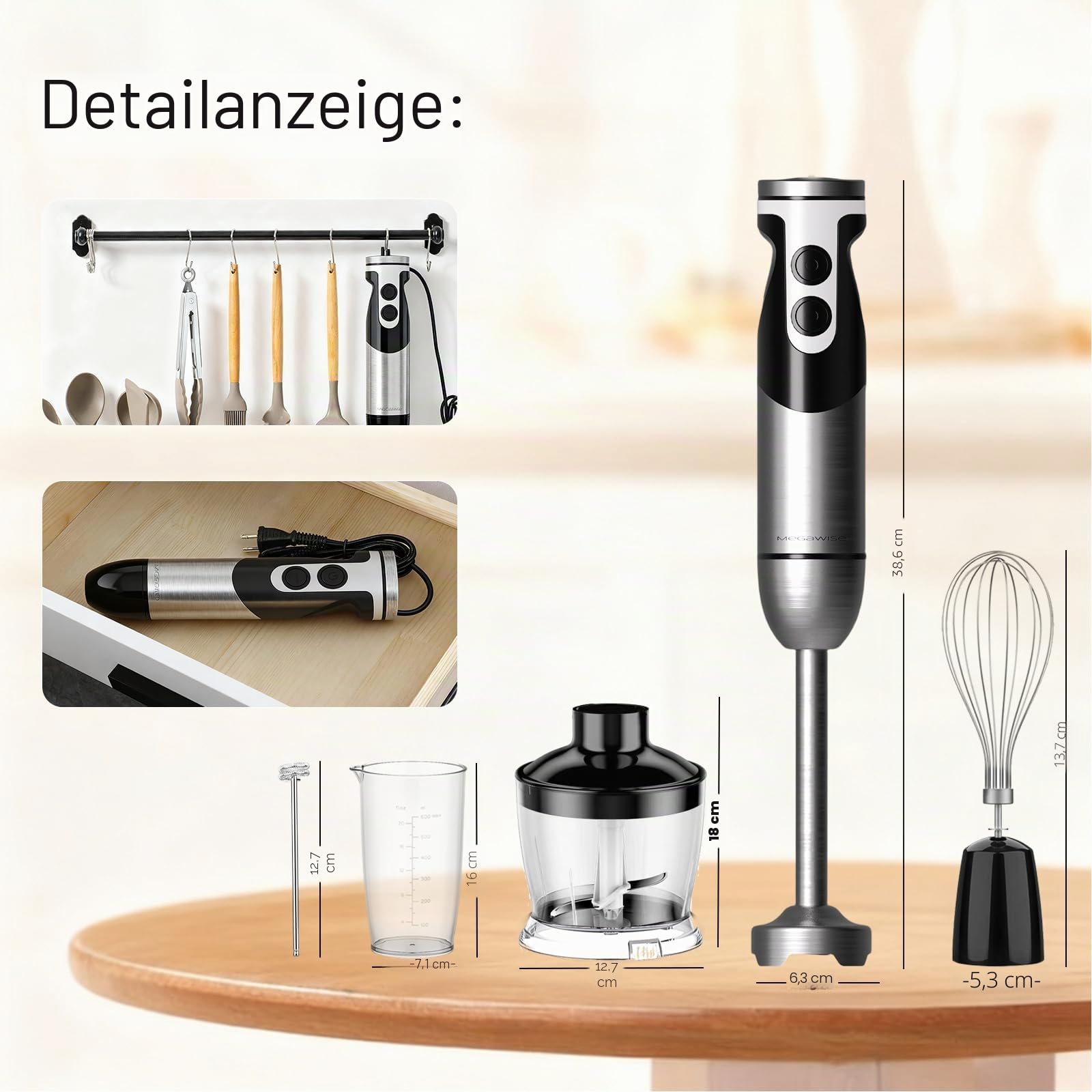 MegaWise Pro Titanverstärkter 5-in-1-Stabmixer, leistungsstarke 400 W mit 80% schärferen Klingen, kabelgebundener Mixer mit 12 Geschwindigkeiten (schwarz)