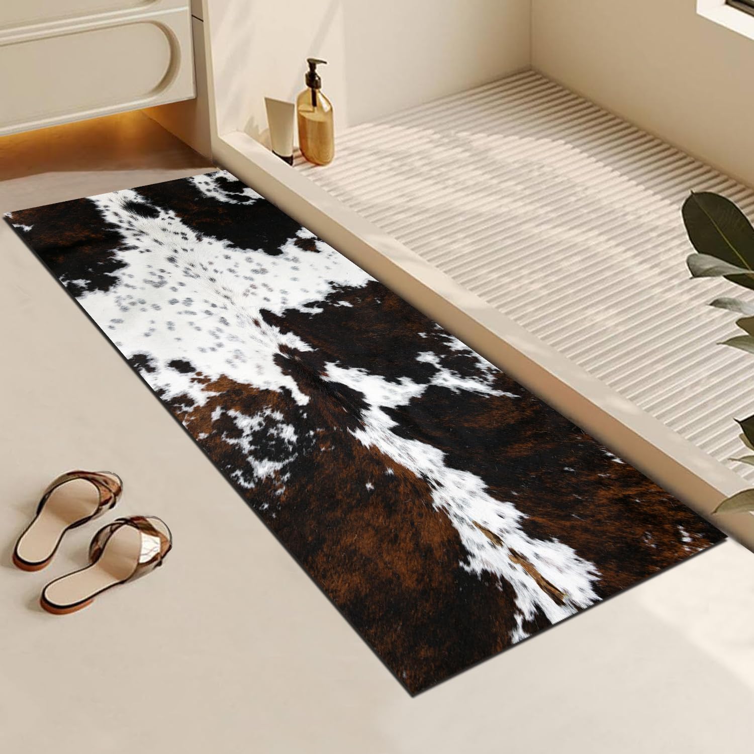 MUGINYU Cowhide Cow Print Bath Mat,Long Western Bathroom Rug for Farmhouse Cowboy Decor,Quick Dry Absorbent Non-Slip Narrow Shower Rug Runner Mats for