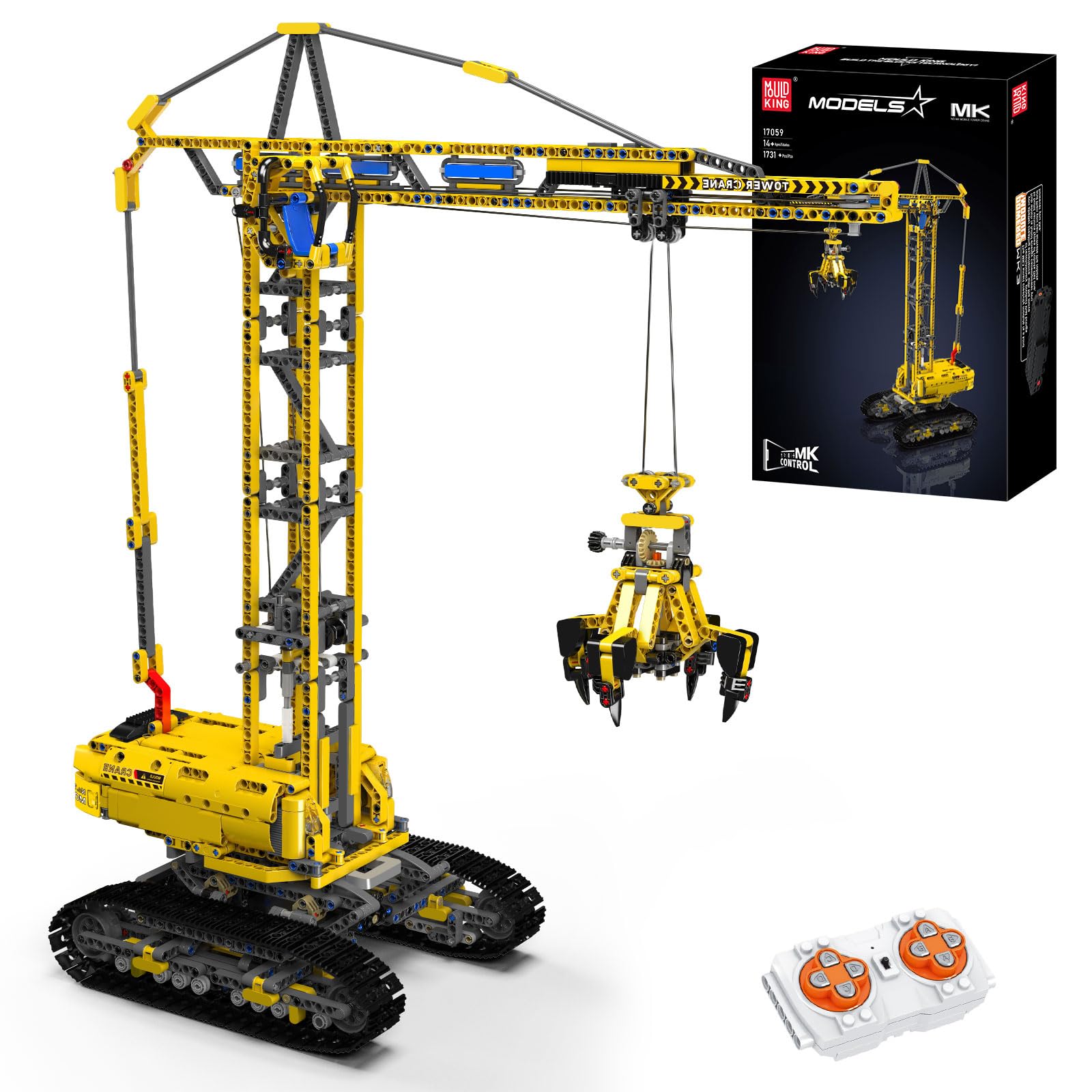 Mould King 17059 Ferngesteuertes Raupenkran Modell, 1731 Teile Technik Kran Bausatz, Klemmbausteine Turmdrehkran Bauklötze als Spielzeug und Geschenk ( ab 14 Jahre alt )