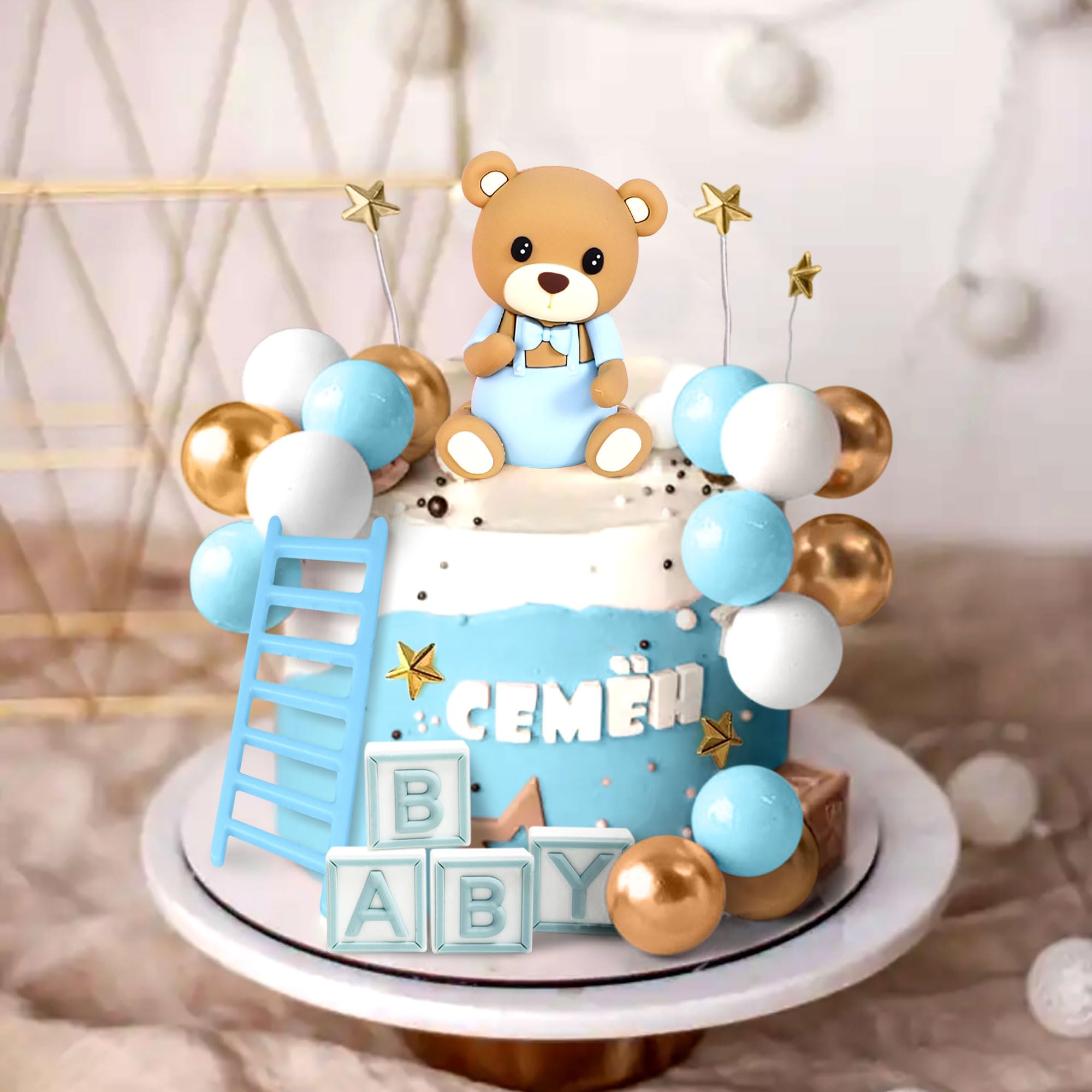 JeVenis Blue Bear Cake Toppers Blue Golden Balls Cake Topper Bears Cake Decoration Baby Shower Birthday Cake Decorations