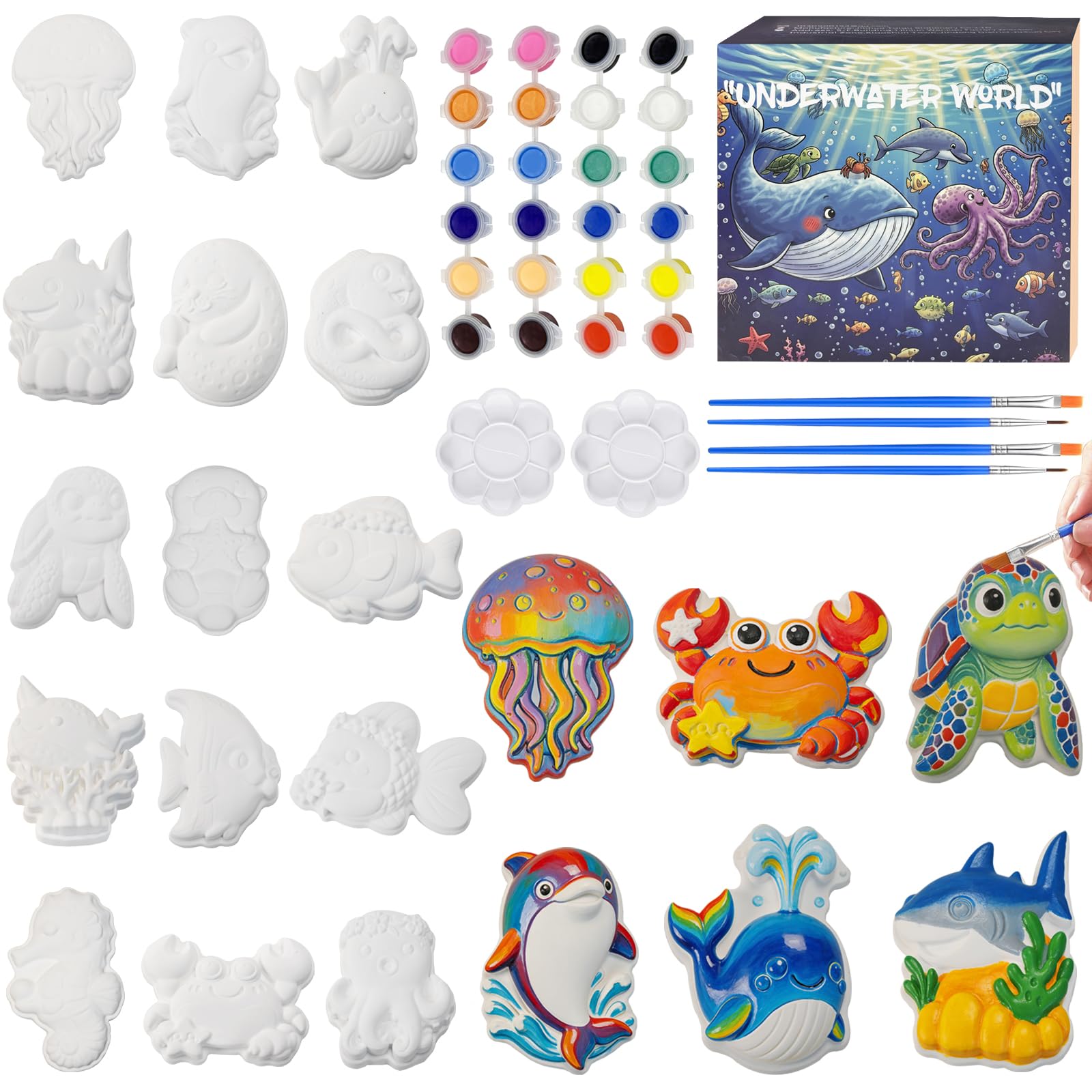 Ptesuply 24 Pcs Paint Your Own Plaster Jungle Animals Painting Kit, DIY Ceramic Arts and Crafts for Kids and Adults, Children Birthday Gift Party Event (Ocean)