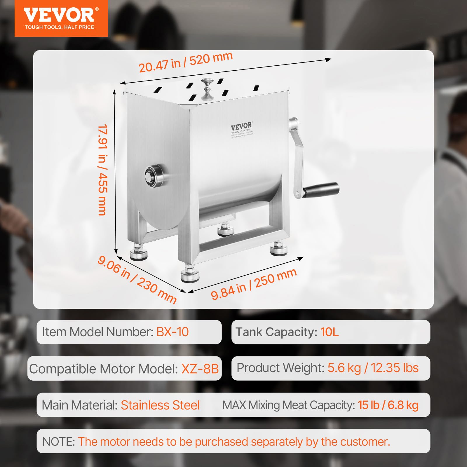 VEVOR Mélangeur à Viande Manuel, Équipement de Traitement de la Viande avec Réservoir de 10 L, Machine à Mélanger pour Chair à Saucisse avec Couvercle et Poignée, pour Bœuf Haché Cuisine, Argent