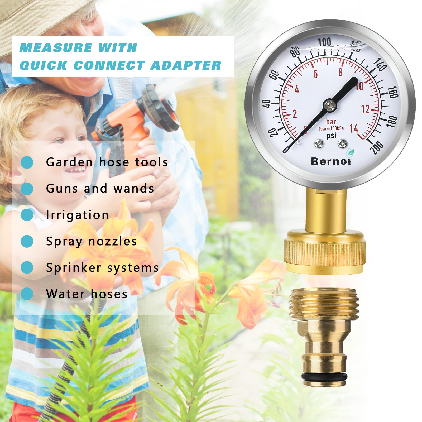 Flow Doctor Water Pressure Gauge Kit, All Purpose, 6 Parts Kit, 0 to 200 Psi, 0 to 14 Bars, Standard 3/4 Female Garden Hose Thread Plus 5 Adapters to Test in Multiple