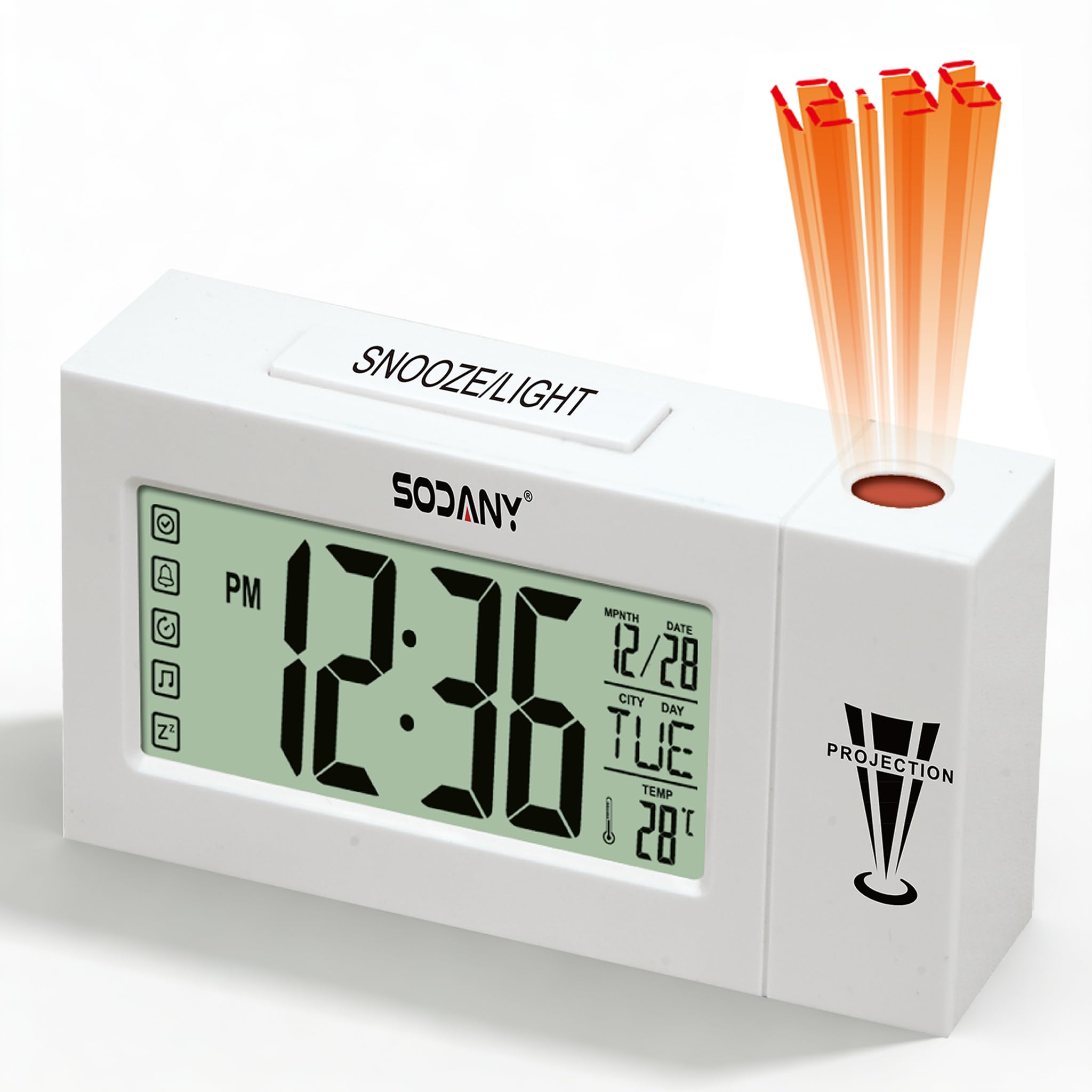 Despertador Proyector Techo Reloj Digital de Mesita Noche a Pilas con Pantalla LCD Grande, Luz de Fondo Activada por Tacto, Temperatura, Fecha y Alarma Snooze para Dormitorio Oficina (Blanco)