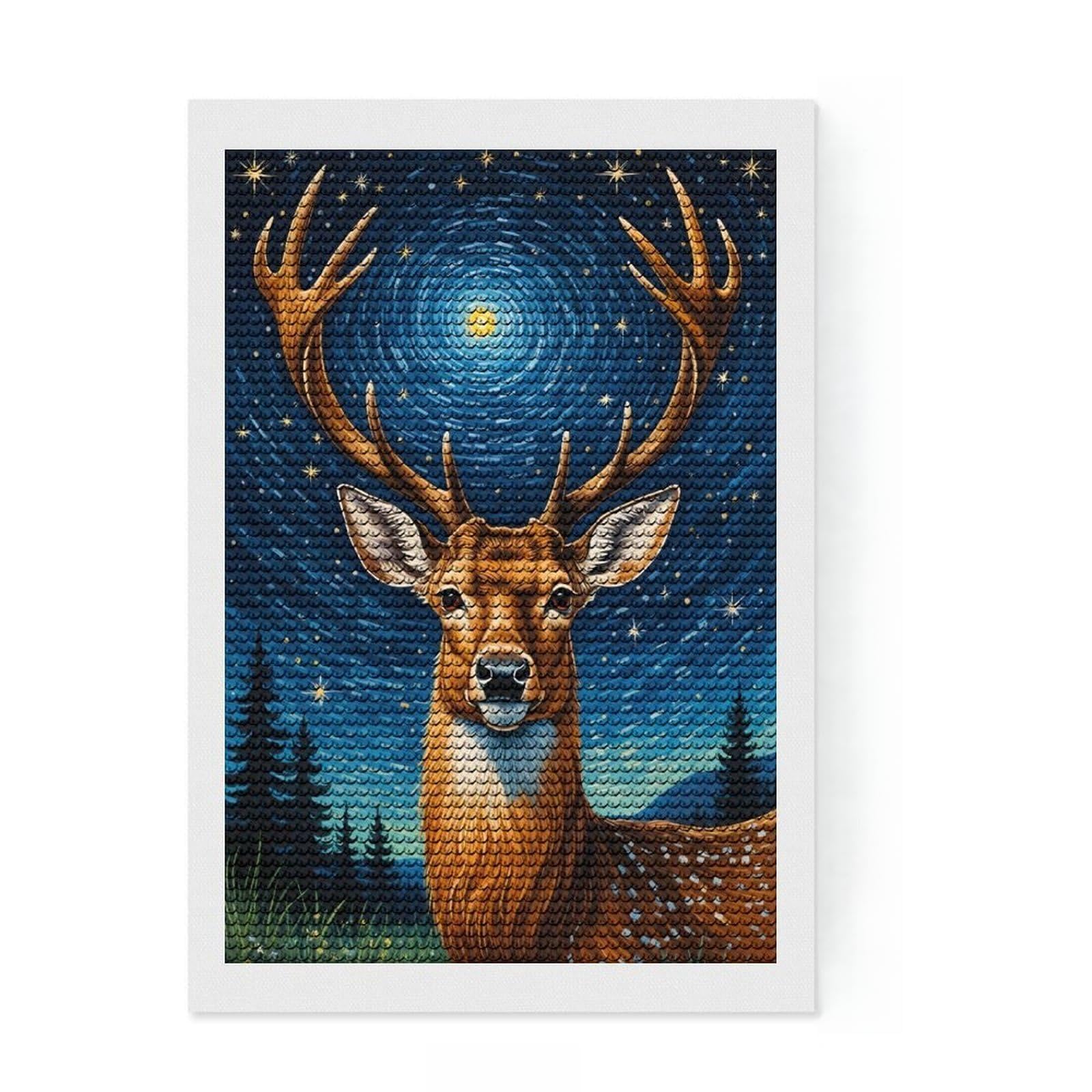 Junmoney Deer Starry Night 5D Diamond Painting Kit 8"x12", Adhesive Canvas, Boho Decor, Modern Decor, DIY Craft, Handmade Wall Decor