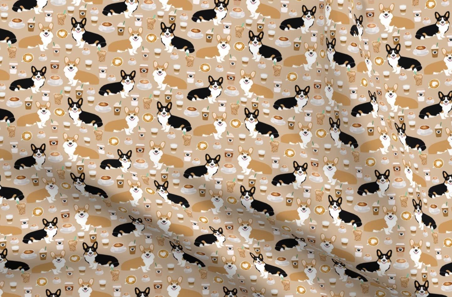 Spoonflower Fabric - Caffeinated, Corgis, Coffees, Dogs, Tri Colored, Pets, Puppy, Tan, Printed on Upholstery Velvet Fabric Fat Quarter - Upholstery Home Decor Bottomweight Apparel