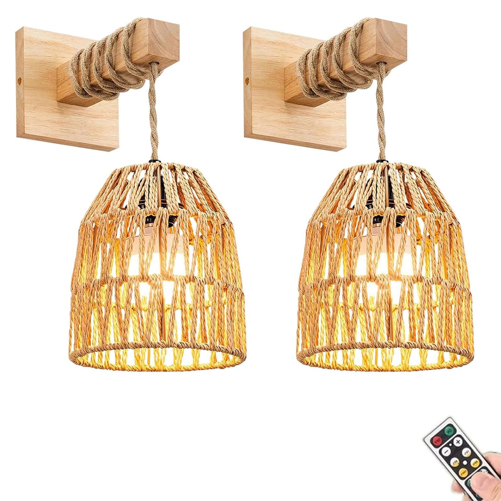 FZQSXAZU Boho Wall Sconces,Battery Rechargeable Rattan Wicker,Remote Battery Operated Light Sconces Decor Set of 2,Dimmable Wireless Lamp for Bedroom,Hallway,Entryway(Size:2pcs,Color:B)