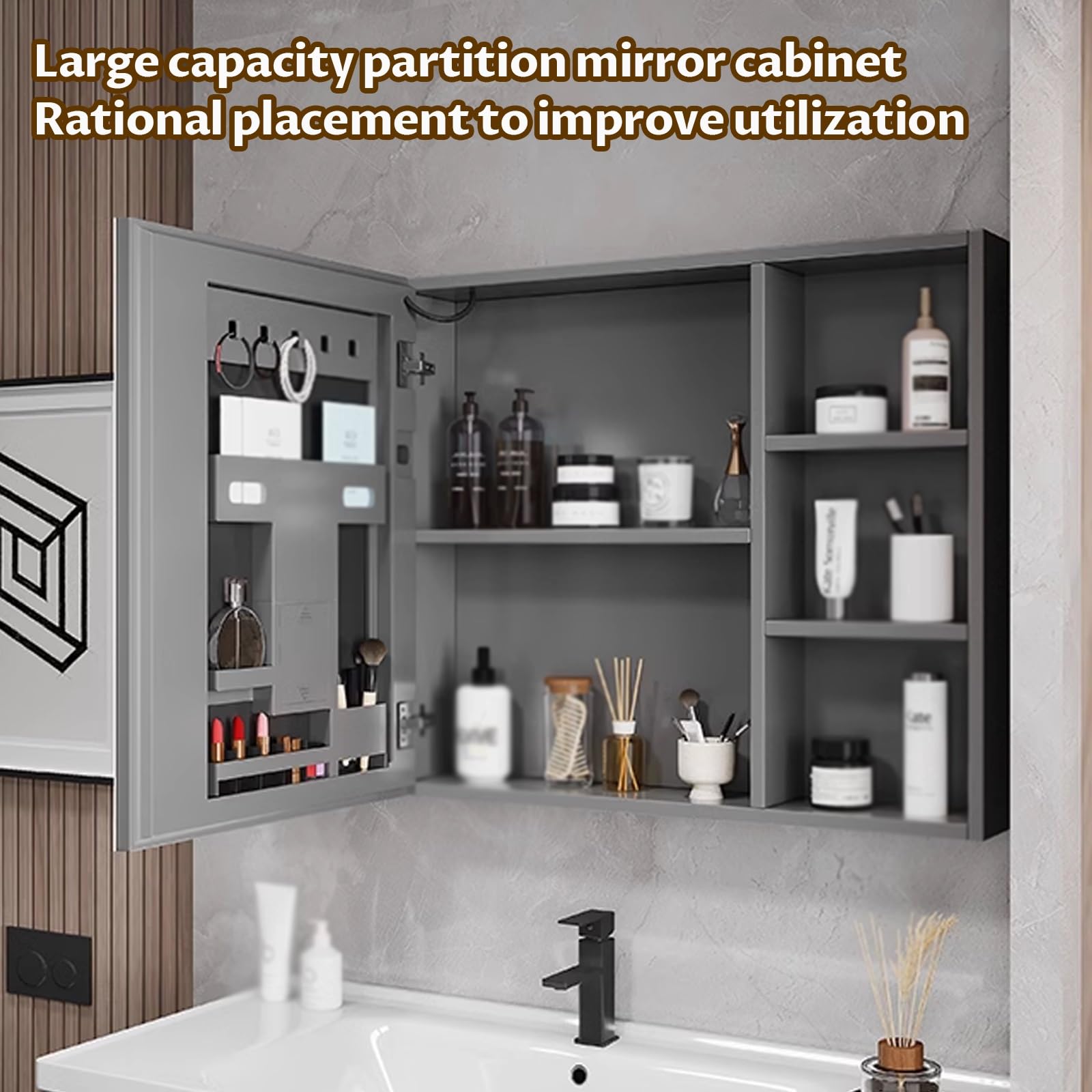 Szafka łazienkowa naścienna z lustrem 80 cm kosmiczny aluminiowy stojak do przechowywania pogrubiony design na przybory toaletowe i leki stylowe białe wykończenie.