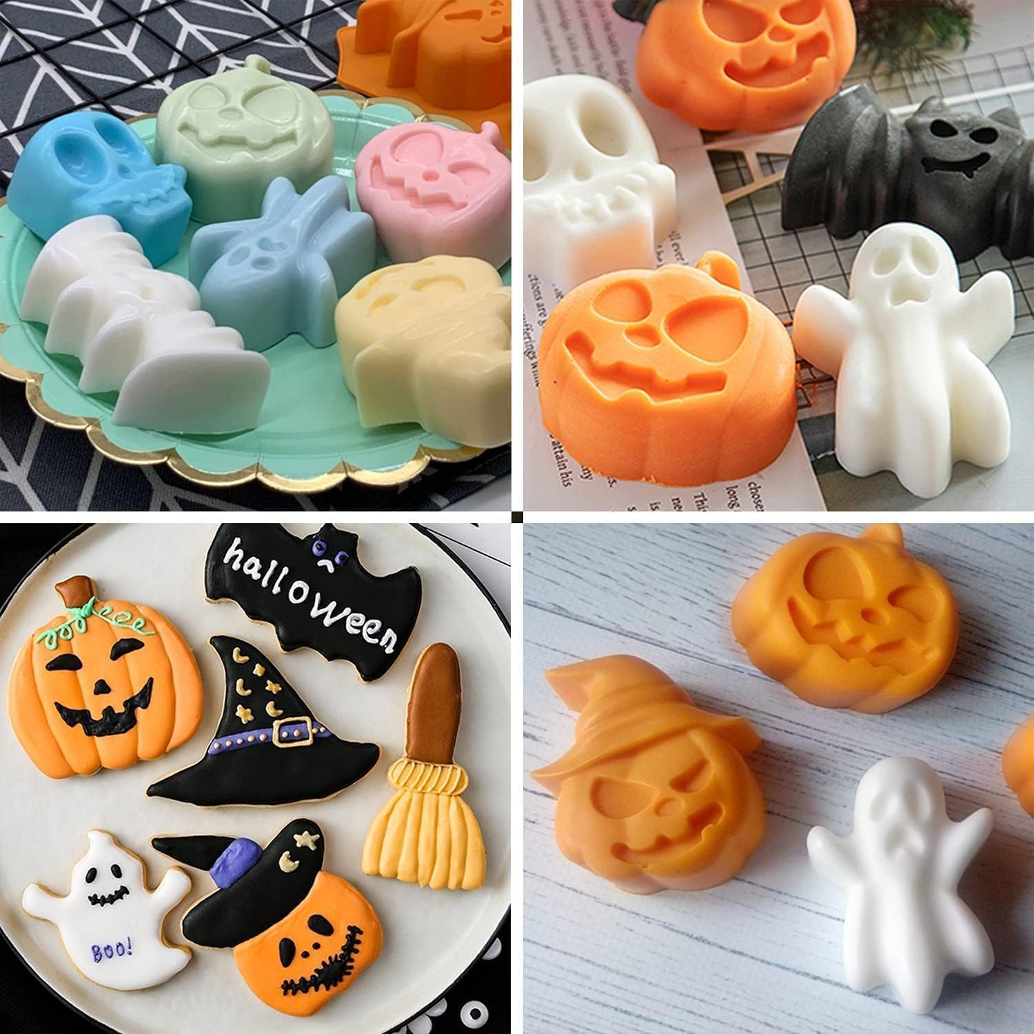 Zueyen - Stampi in silicone per Halloween, 4 pezzi, per caramelle, cioccolatini, con fantasma, pipistrello e cappello da strega, mini pastelli di cera per sapone e cubetti di ghiaccio