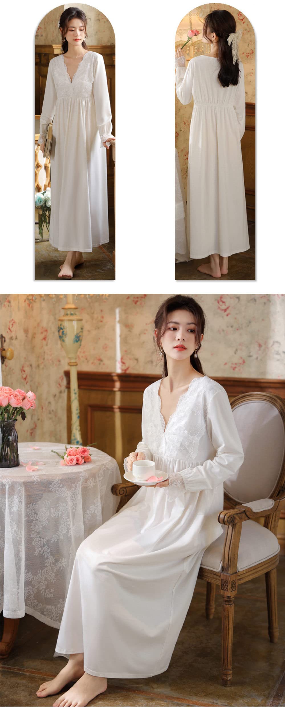 Nachtwäsche Damen,Damen-Nachthemden, Vintage-Weiß, V-Ausschnitt, Florale Spitzennähte, Elegantes Schlafhemd, Weiche, Bequeme, Lange Ärmel, Nachthemd, Nachtwäsche, Loungewear Für Damen, Mädche