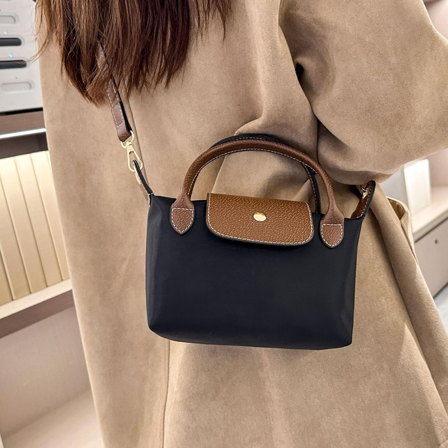 Womens Mini Crossbody Bag Dual Handle Adjustable Strap Nylon PU Leather Small Purse For Phone Wallet 9in - Image 2