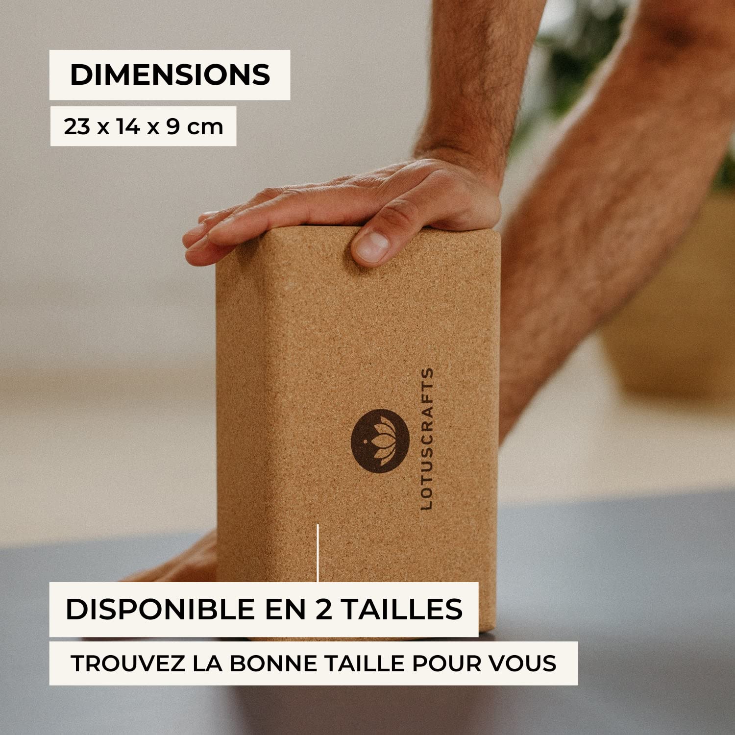 LOTUSCRAFTS Bloc de yoga en liège Supra Grip, brique à l'unité ou lot de 2, fabriqué écologiquement au Portugal, pour le et le pilates, yoga block pur débutants et avancés