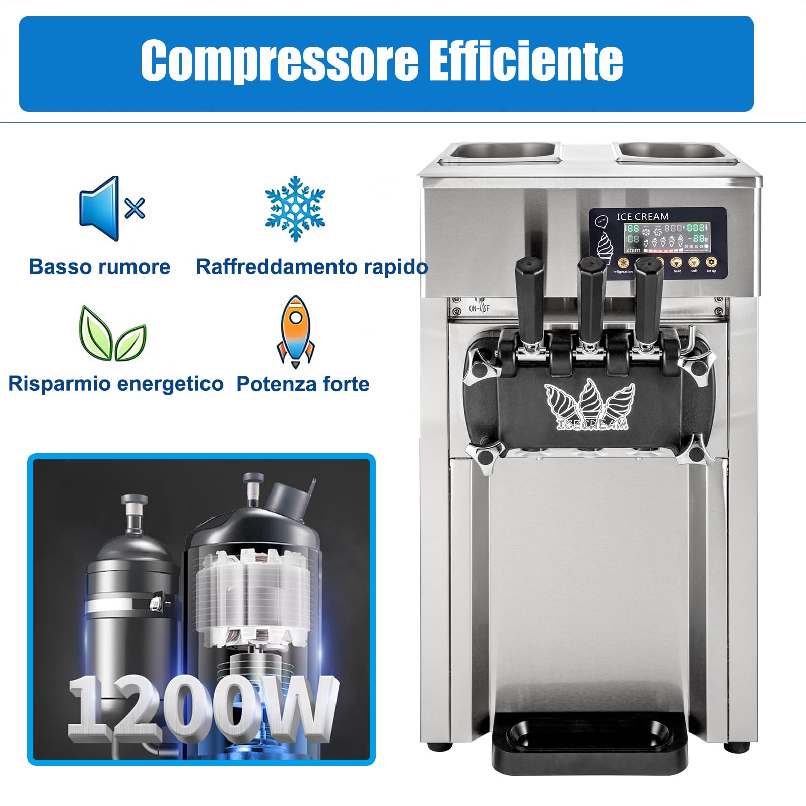 Macchina Gelato Soft, 3 Gusti, 18Litri/H Commerciale Gelatiera Professionale 1200W, Macchina Per Gelato Soft Da Banco Con Pannello LCD Per Bar e Caffetterie