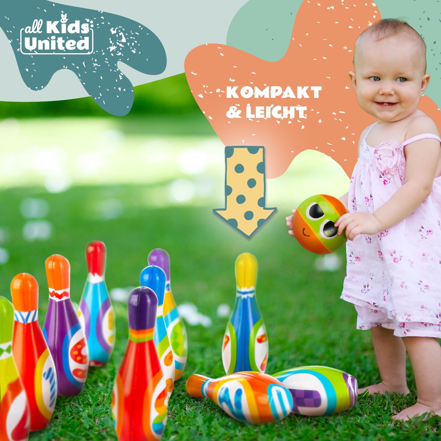 all Kids United® Jeu de quilles pour Enfants Set de Bowling XXL avec quilles Souples en PU et 2 Boules ; Jouet éducatif pour l'intérieur & l'extérieur en Mousse (Set de 10 pièces)