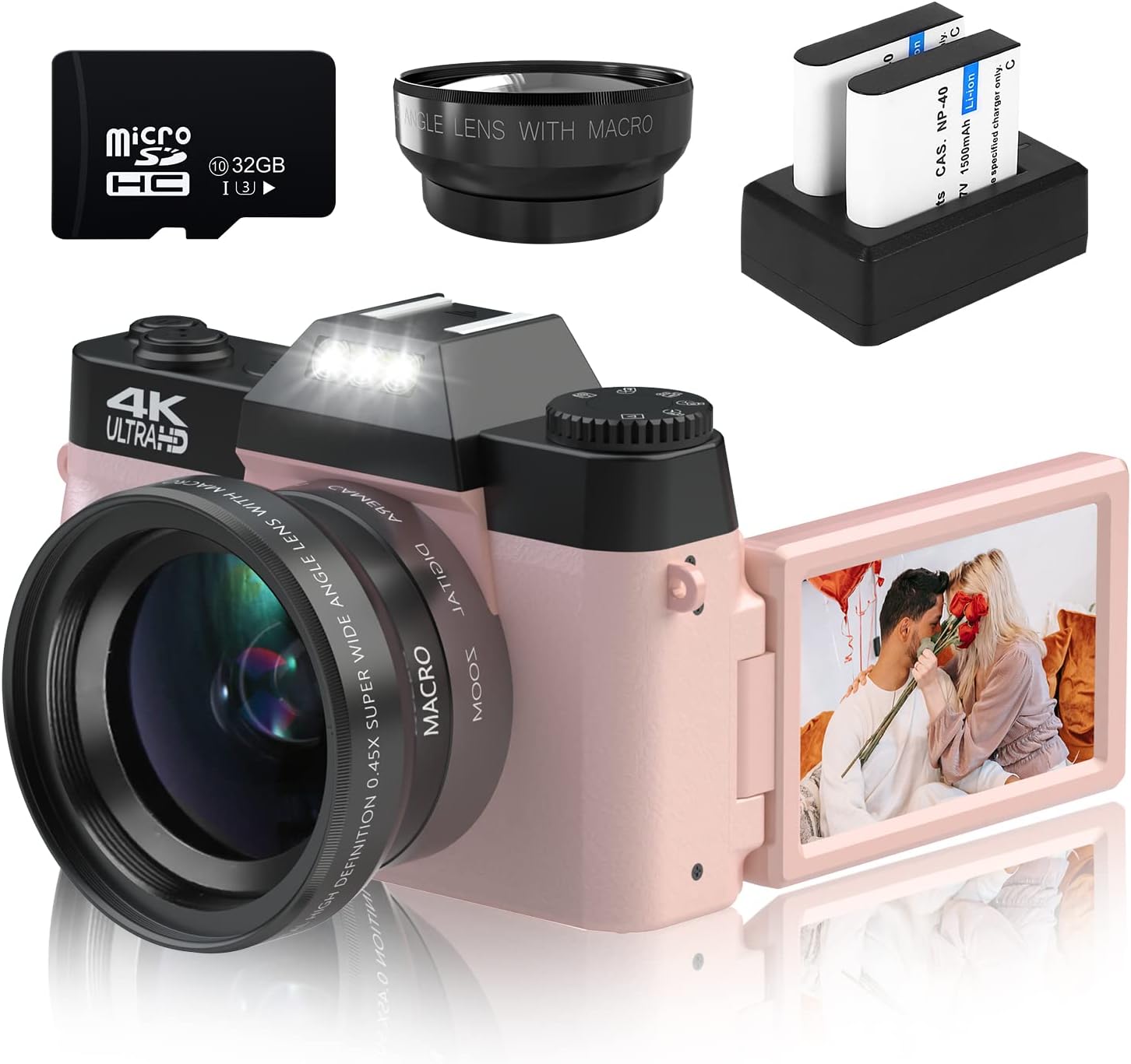 Digital Cameras for Photography, 4K 48MP Vlogging Camera 16X Digital Zoom Manual Focus Students Compact Camera with 52mm Wide-Angle Lens & Macro Lens, 32G Micro Card and 2 Batteries (Pink)