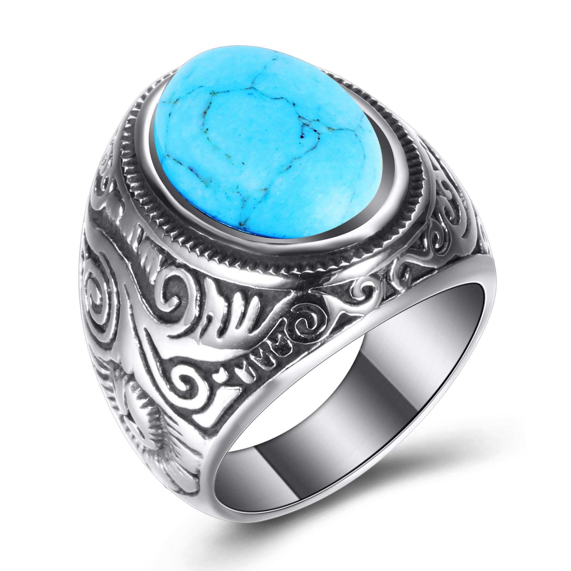 VQYSKO Anillo Hombre Acero Inoxidable Vintage de Piedra Turquesa Ojo de Tigre Turquesa Blanca/Negra Talla Grande