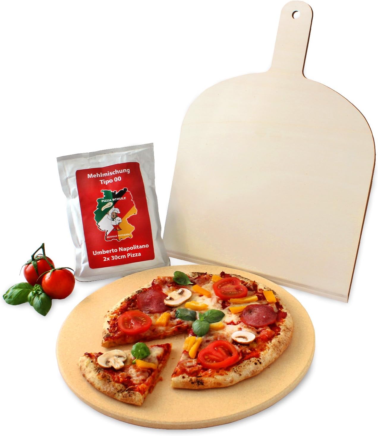 Vesuvo V32001 Pizza / Bread Baking Stone Set for Oven and Grill 32 cm Round with Pizza Paddle and Pizza Flour