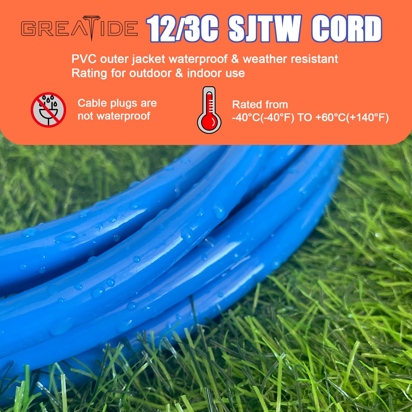 Outdoor Extension Cord with Lighted End, 12 Gauge Heavy Duty 6 FT, 3 Prong Grounded 15 Amp, 12/3 SJTW Waterproof Power Cord for Appliance, Blue - 4