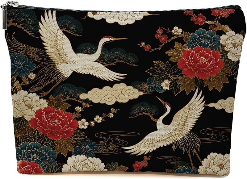 Necessaire de maquiagem JIUWEIHU com estampa de grous orientais e flores