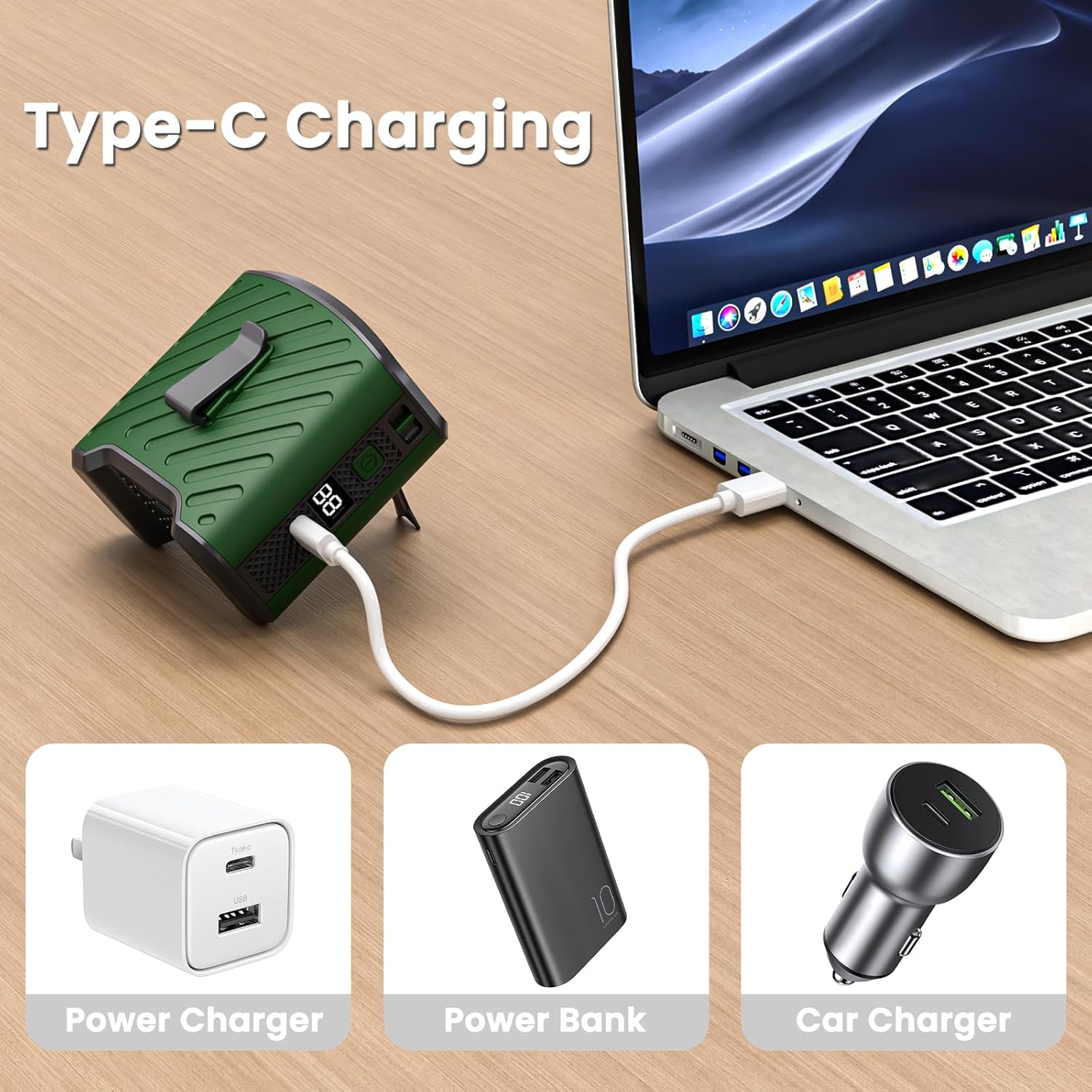 6-in-1 Hands Free Clip On Waist Neck Fan, 10000mAh Rechargeable, 16000RPM 4-Speed, 130° Wide Angle, LED SOS, Type-C Power Bank, 8-40h Runtime for Outdoor Camping Office(Green)